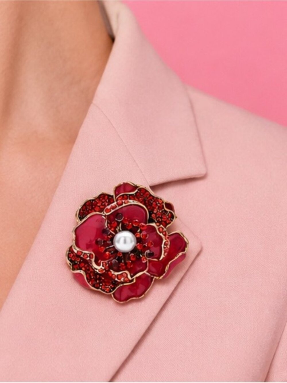 Romantic Red Scarlet Rose Pearl Floral Brooch